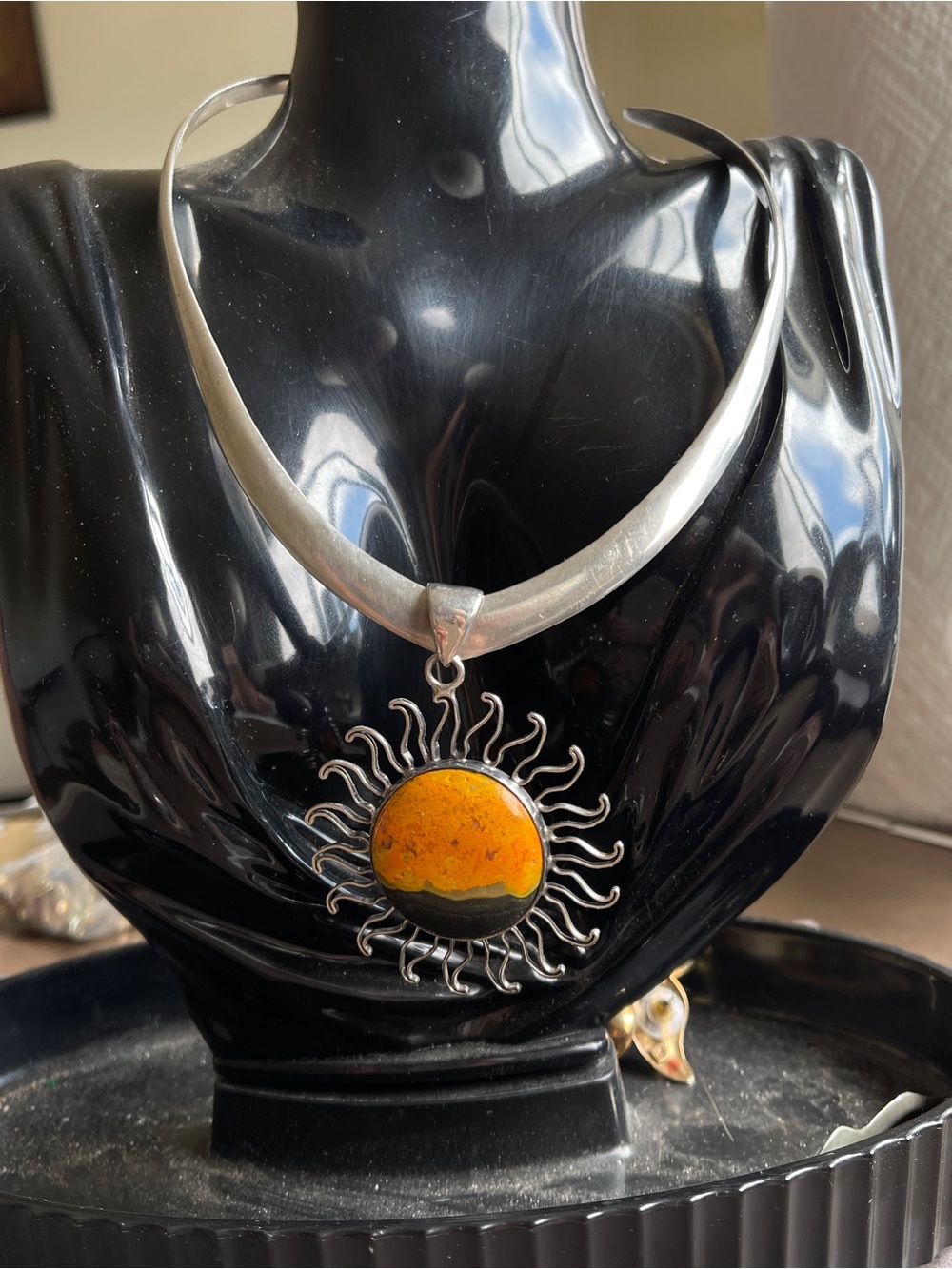 Vintage Taxco 925 Silver Collar Necklace Choker Torc Bumblebee Jasper Sunburst - Picture 3 of 8